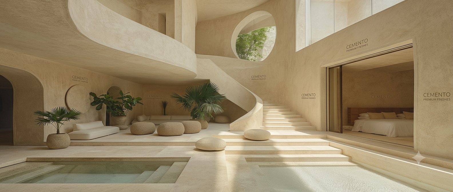 Curved atrium & floating stair — micro cement project in AI